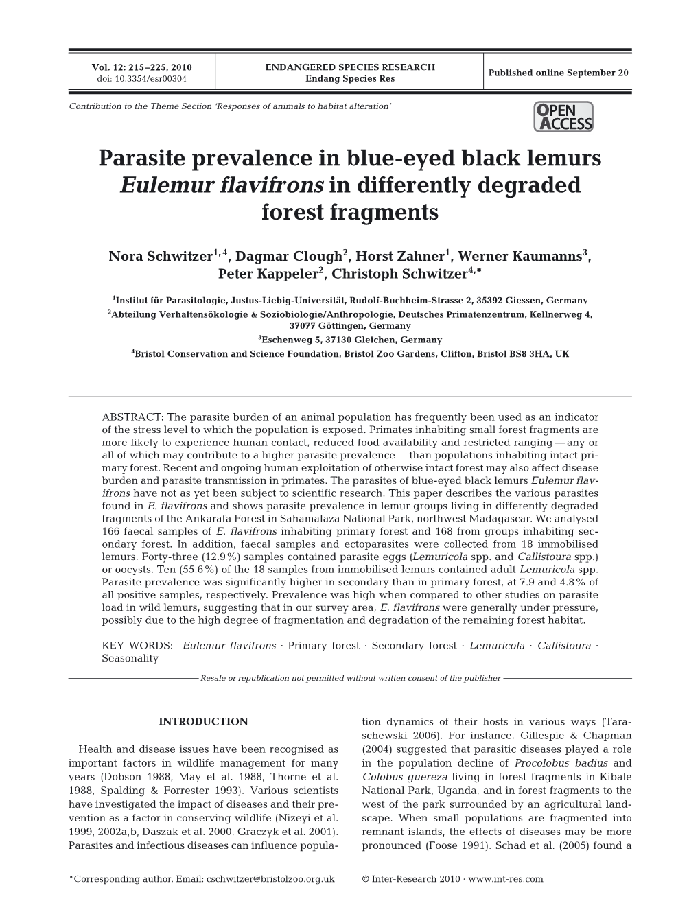 Parasite Prevalence in Blue-Eyed Black Lemurs Eulemur Flavifrons in Differently Degraded Forest Fragments