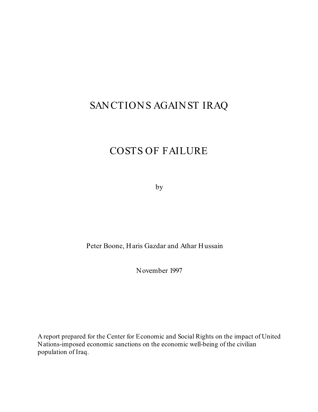Sanctions Against Iraq Costs of Failure