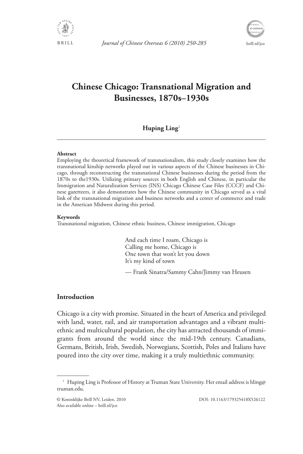 Chinese Chicago: Transnational Migration and Businesses, 1870S–1930S