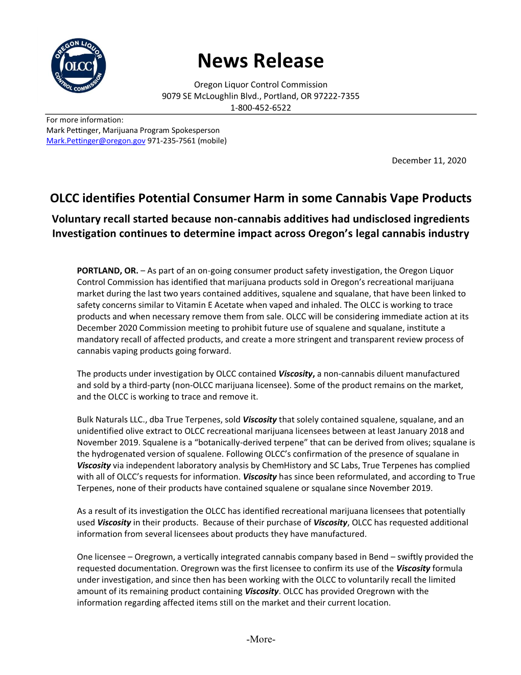 OLCC Identifies Potential Consumer Harm in Some Cannabis Vape Products