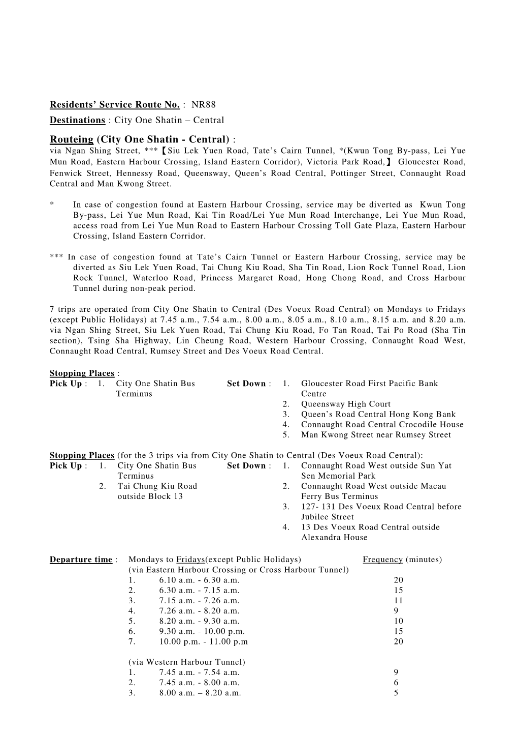 NR88 Destinations : City One Shatin – Central