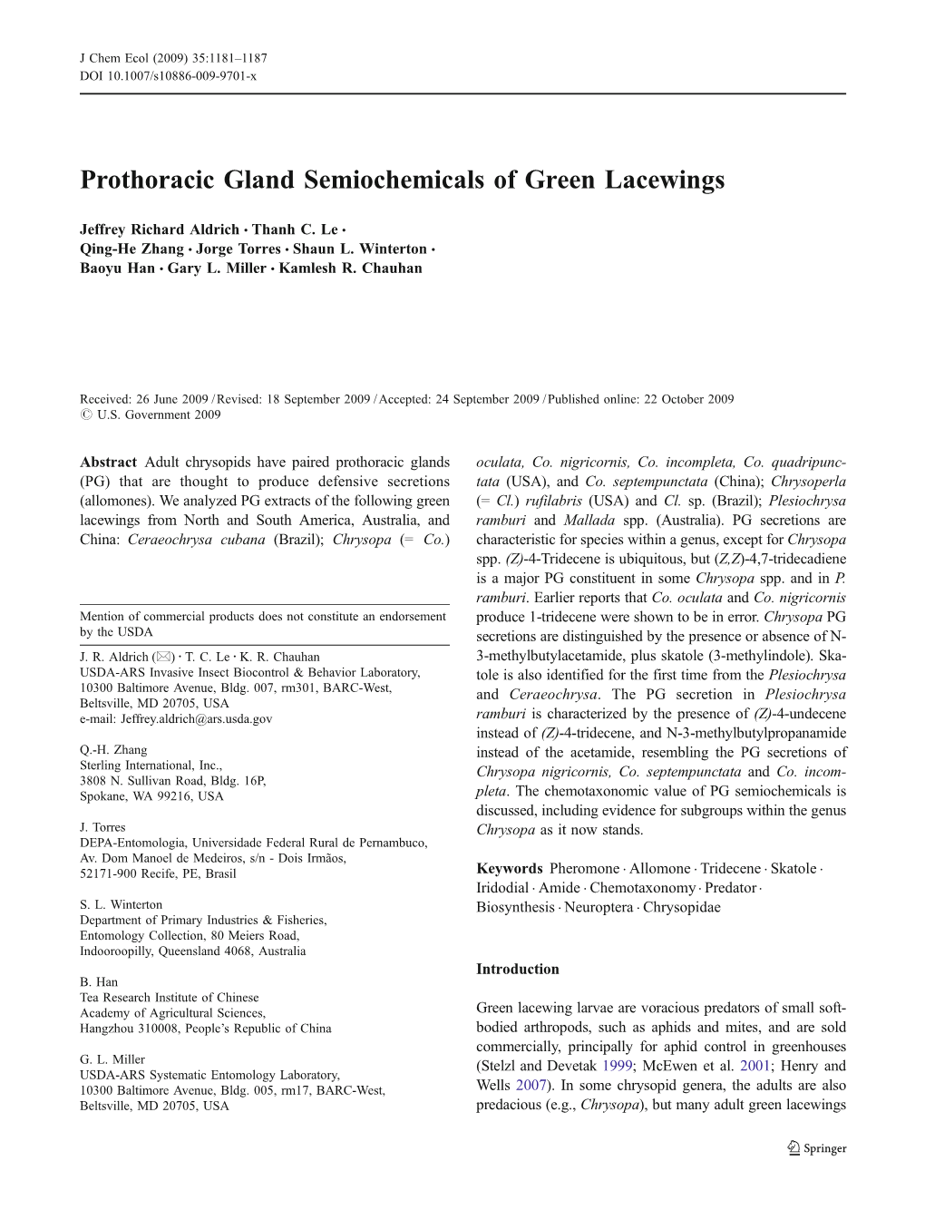 Prothoracic Gland Semiochemicals of Green Lacewings