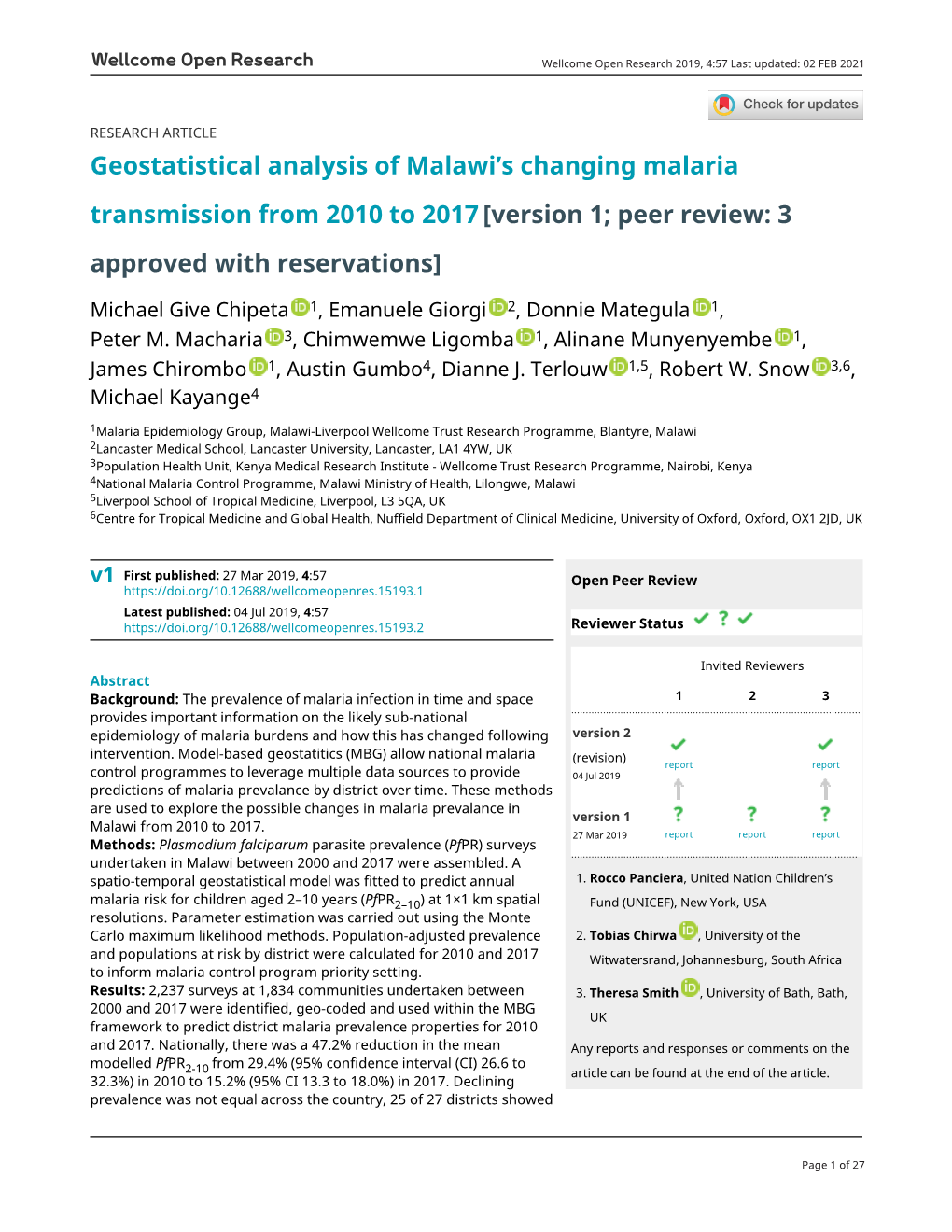 Geostatistical Analysis of Malawi's Changing Malaria Transmission From