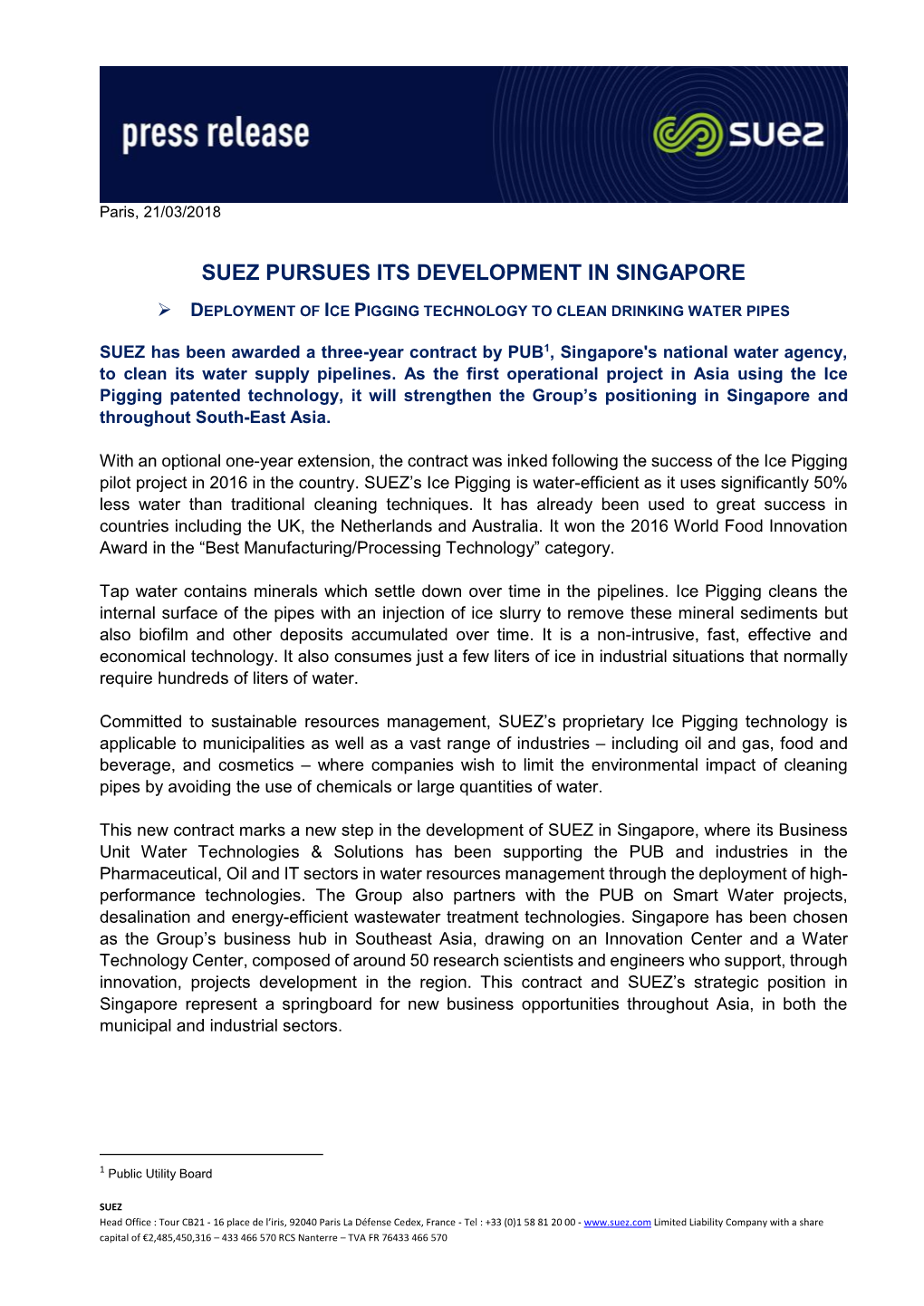 Suez Pursues Its Development in Singapore