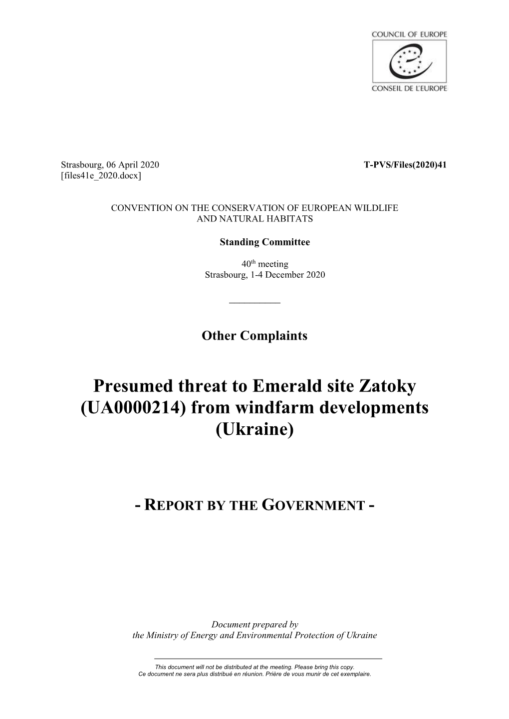 Presumed Threat to Emerald Site Zatoky (UA0000214) from Windfarm Developments (Ukraine)