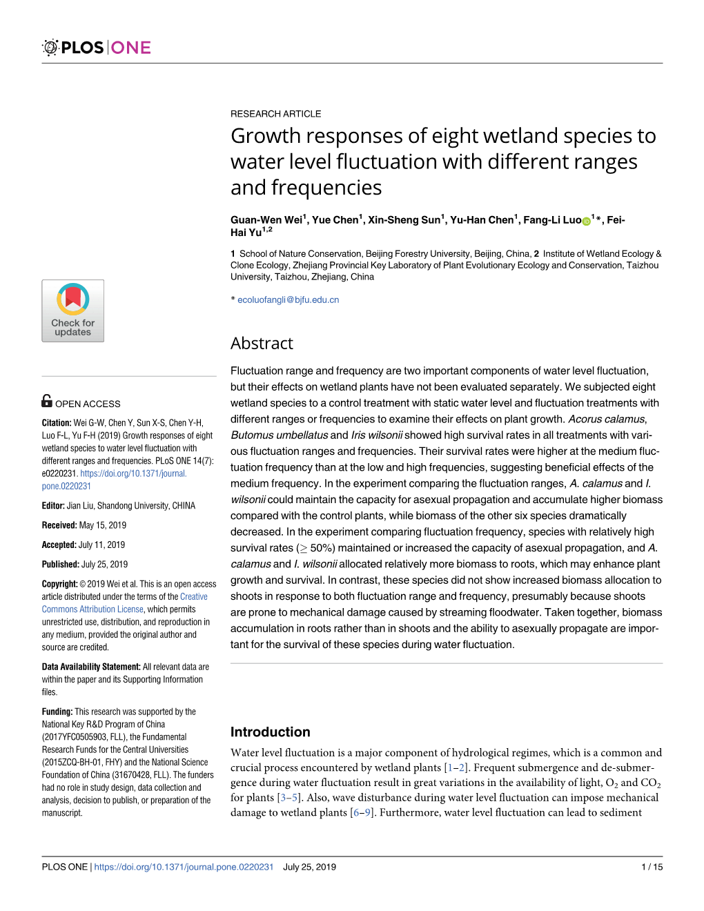 Growth Responses of Eight Wetland Species to Water Level Fluctuation with Different Ranges and Frequencies