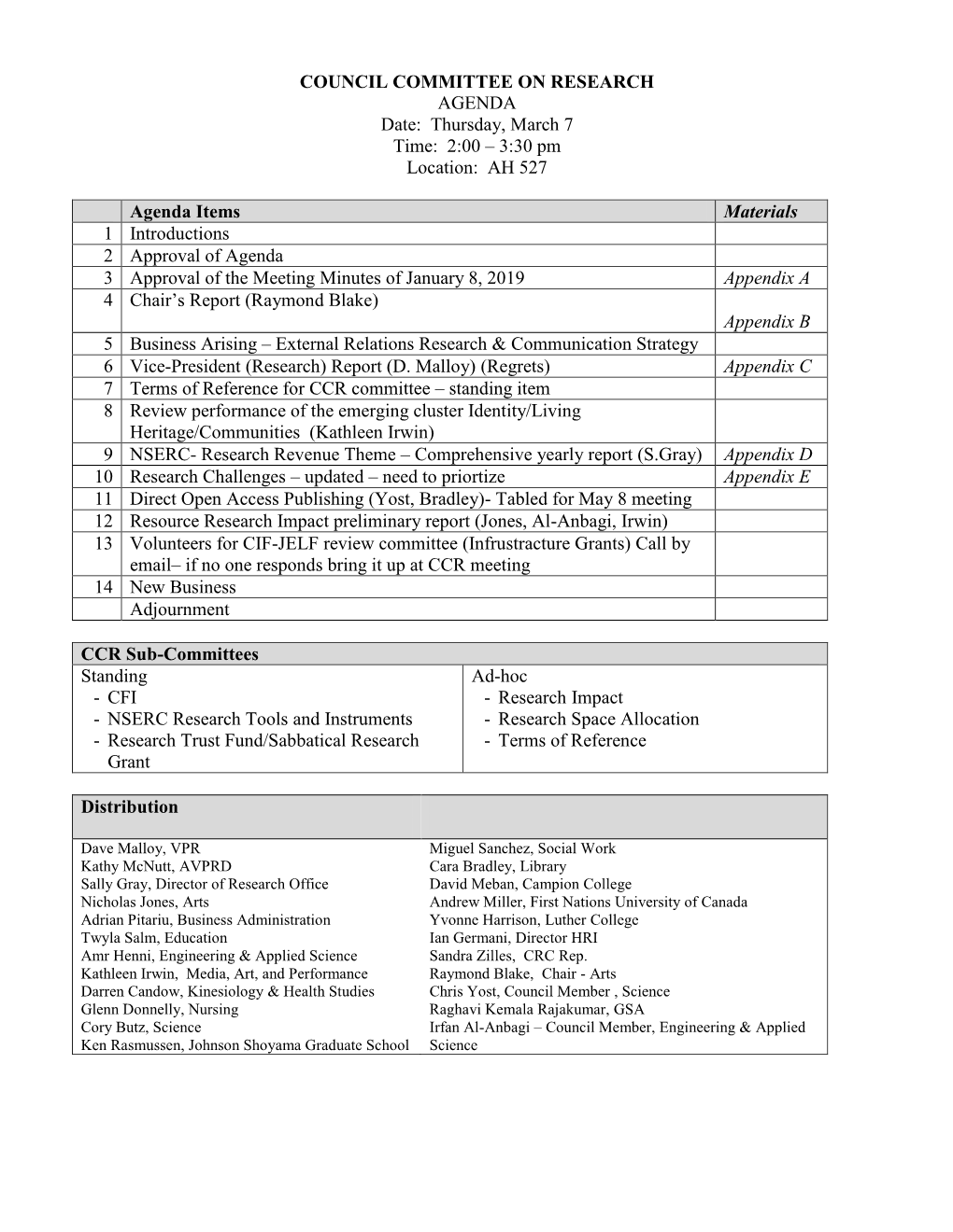 COUNCIL COMMITTEE on RESEARCH AGENDA Date: Thursday, March 7 Time: 2:00 – 3:30 Pm Location: AH 527