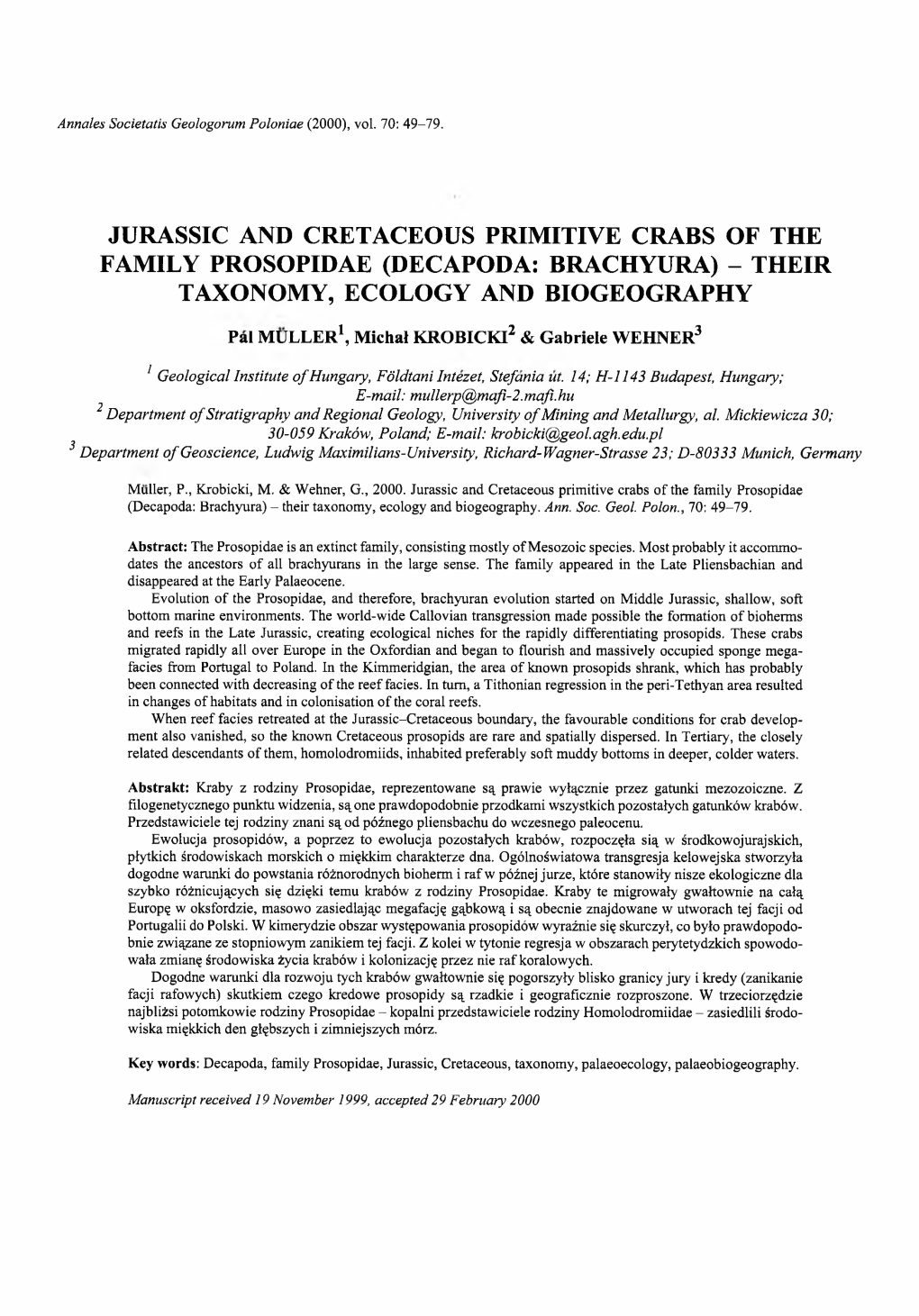 Jurassic and Cretaceous Primitive Crabs of the Family Prosopidae (Decapoda: Brachyura) - Their Taxonomy, Ecology and Biogeography