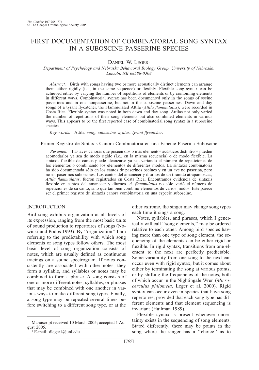 First Documentation of Combinatorial Song Syntax in a Suboscine Passerine Species