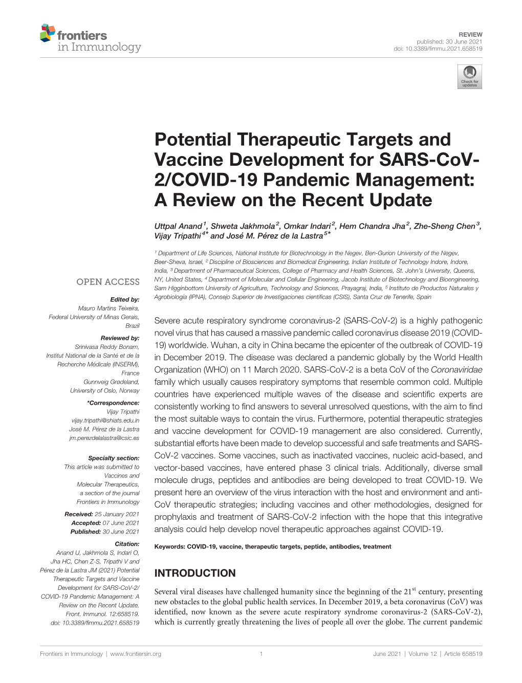 Potential Therapeutic Targets and Vaccine Development for SARS-Cov- 2/COVID-19 Pandemic Management: a Review on the Recent Update