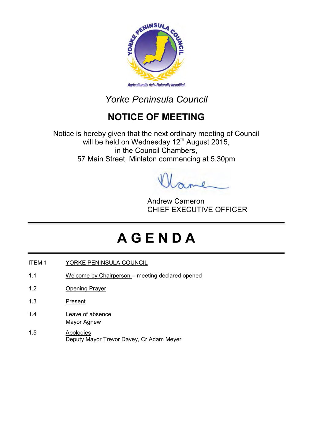 Council Agenda Wednesday 12Th August 2015 4.4 Corporate and Community Services Pages 1