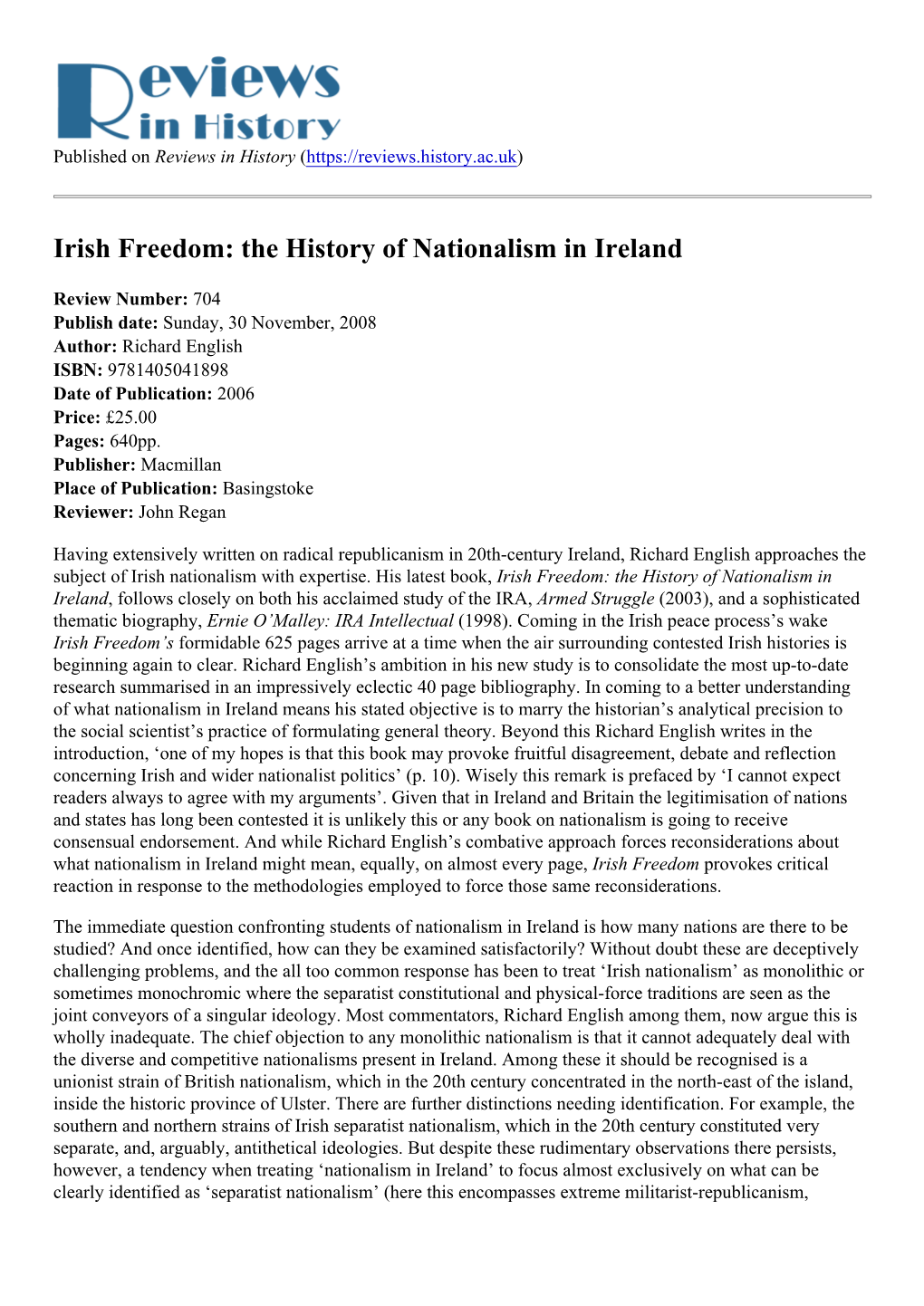 Irish Freedom: the History of Nationalism in Ireland