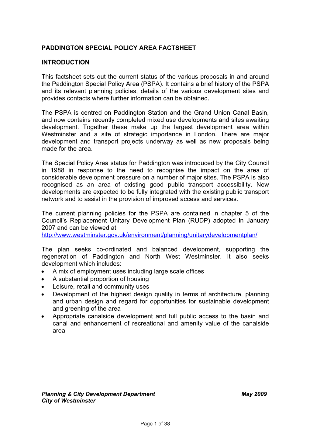 Paddington Special Policy Area Factsheet May 2009