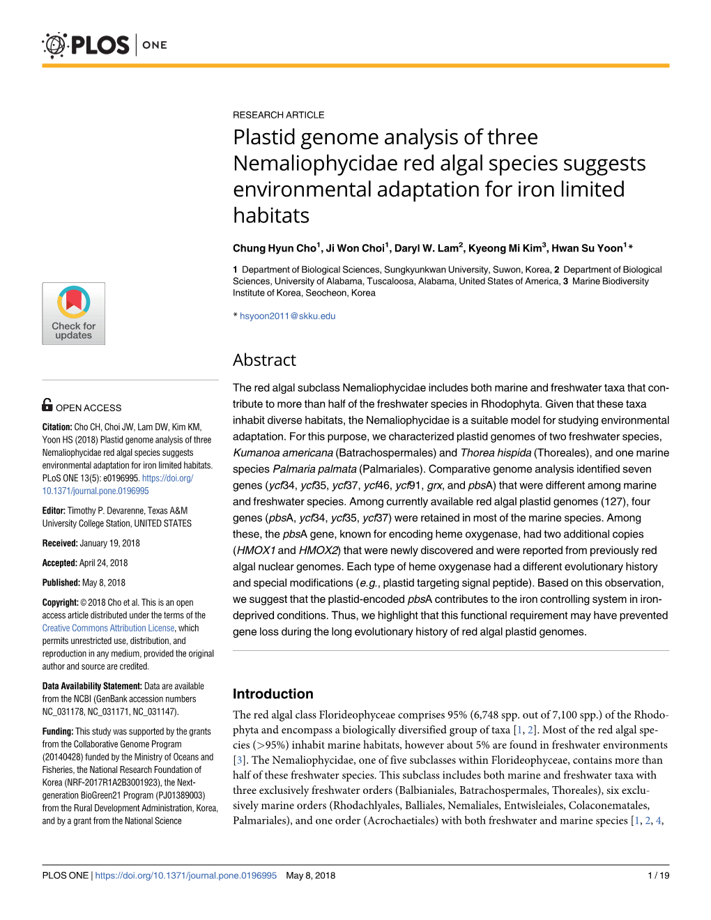 Plastid Genome Analysis of Three Nemaliophycidae Red Algal Species Suggests Environmental Adaptation for Iron Limited Habitats