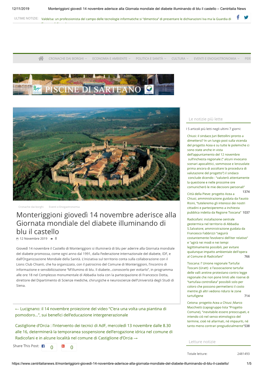 Monteriggioni Giovedì 14 Novembre Aderisce Alla Giornata Mondiale Del Diabete Illuminando Di Blu Il Castello – Centritalia News