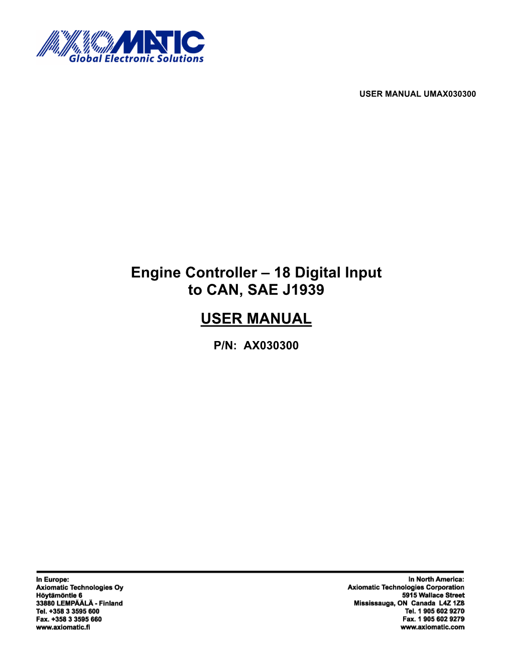 Engine Controller – 18 Digital Input to CAN, SAE J1939 USER MANUAL