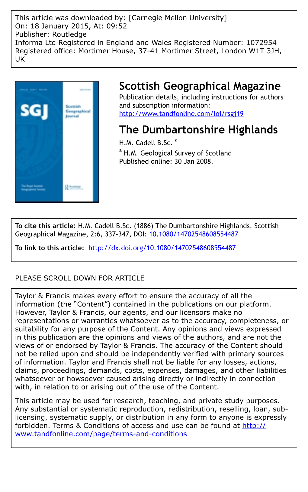 Scottish Geographical Magazine the Dumbartonshire Highlands