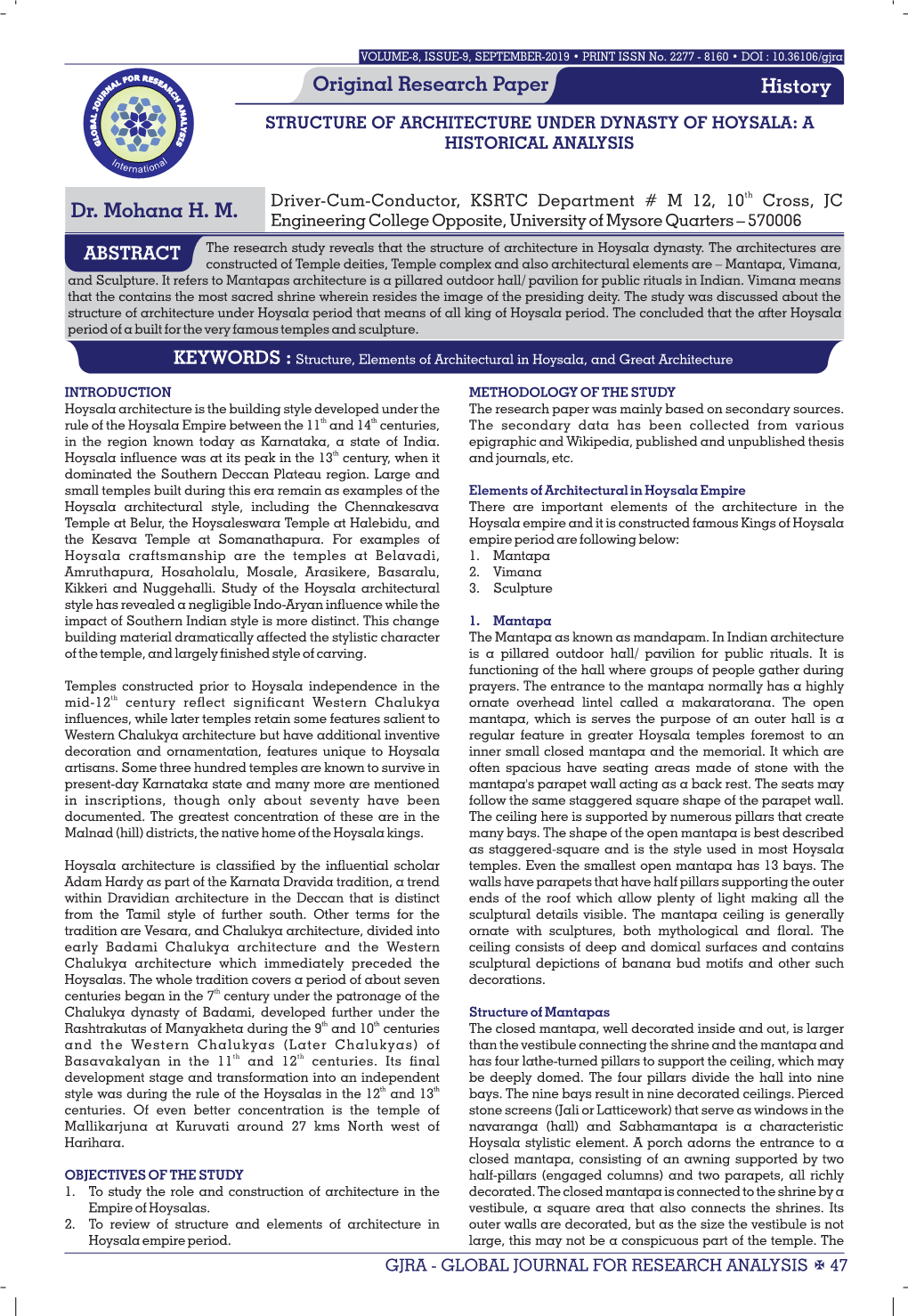 Original Research Paper Dr. Mohana H. M. History