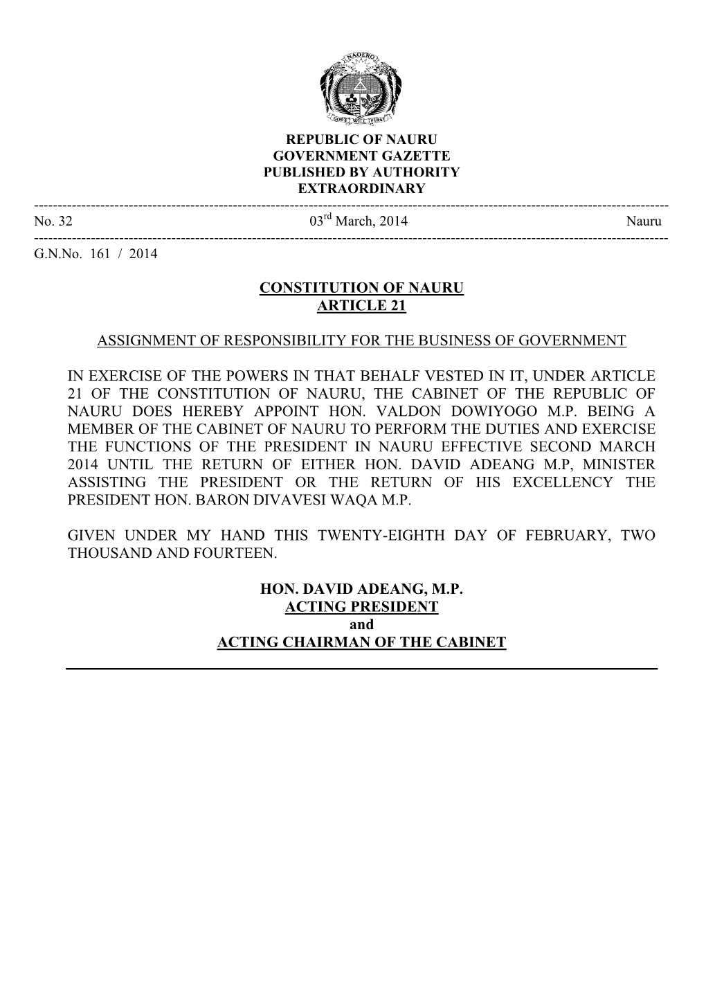 Constitution of Nauru Article 21 Assignment Of