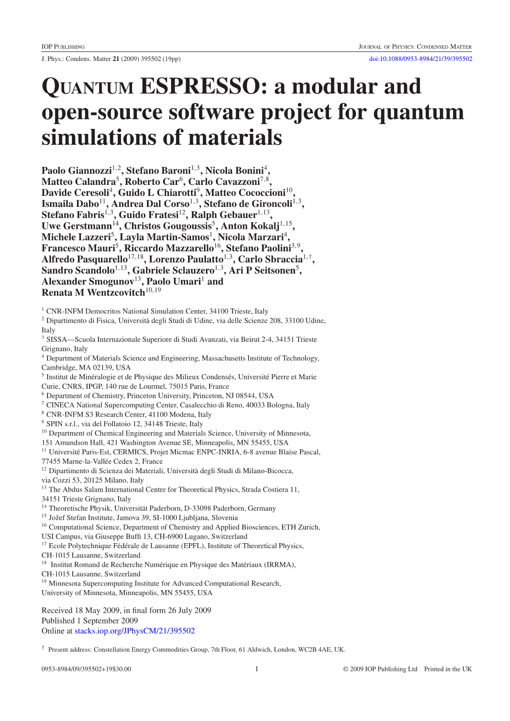 QUANTUM ESPRESSO: a Modular and Open-Source Software Project for Quantum Simulations of Materials