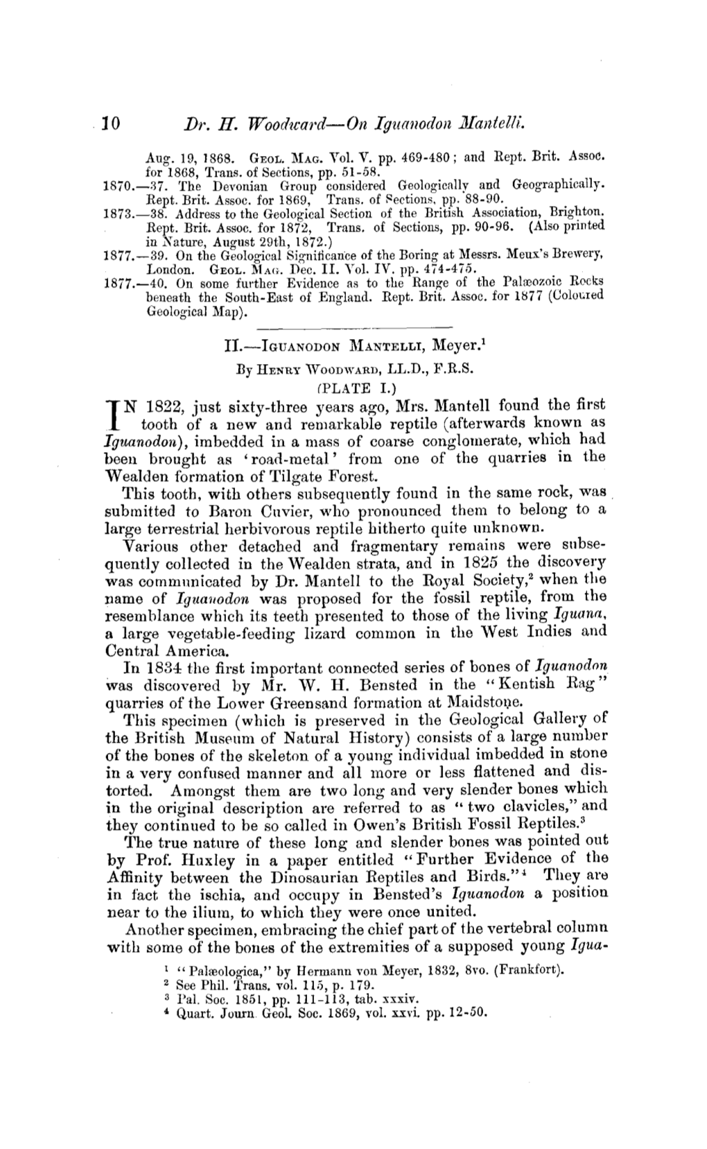 30 Dr. H. Woodward—On Iguanodon Mantelh. in 1822, Just Sixty-Three Years Ago, Mrs. Mantell Found the First Tooth of a New