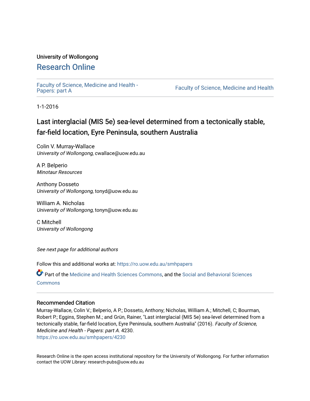 Last Interglacial (MIS 5E) Sea-Level Determined from a Tectonically Stable, Far-Field Location, Yre E Peninsula, Southern Australia