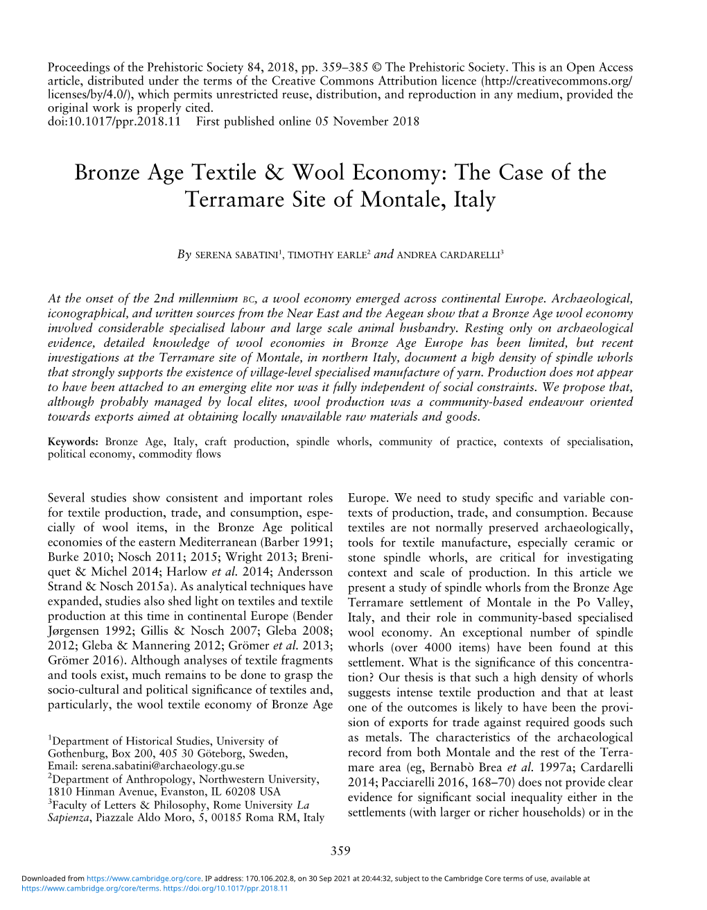 Bronze Age Textile & Wool Economy: the Case of the Terramare Site Of