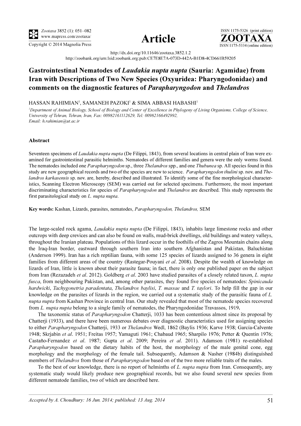 Gastrointestinal Nematodes of Laudakia Nupta