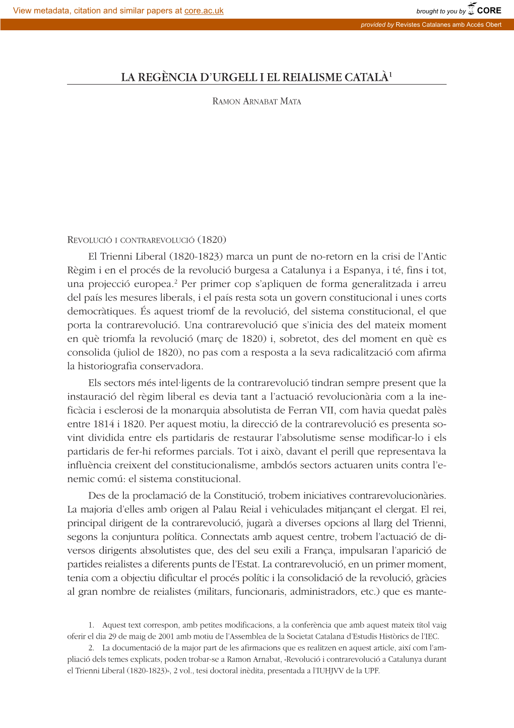 La Regència D'urgell I El Reialisme Català1