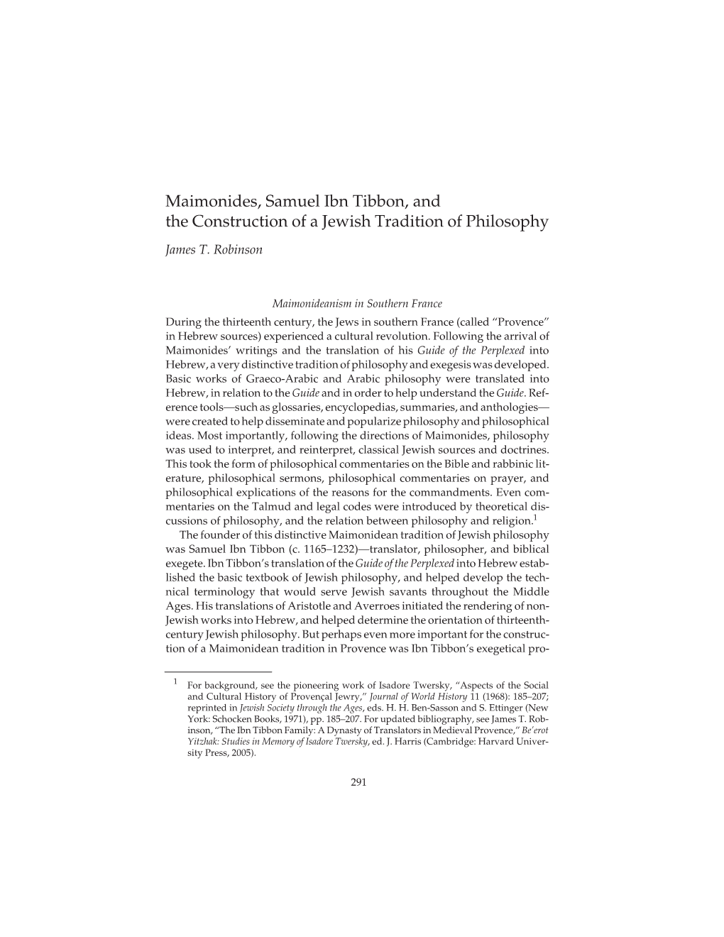 Maimonides, Samuel Ibn Tibbon, and the Construction of a Jewish Tradition of Philosophy