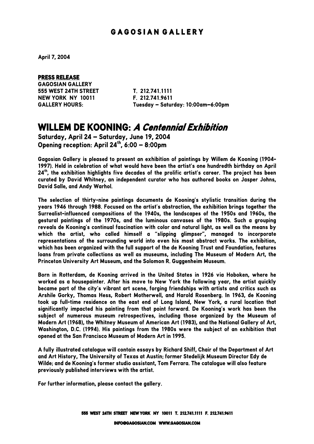 Press Release Gagosian Gallery 555 West 24Th Street T