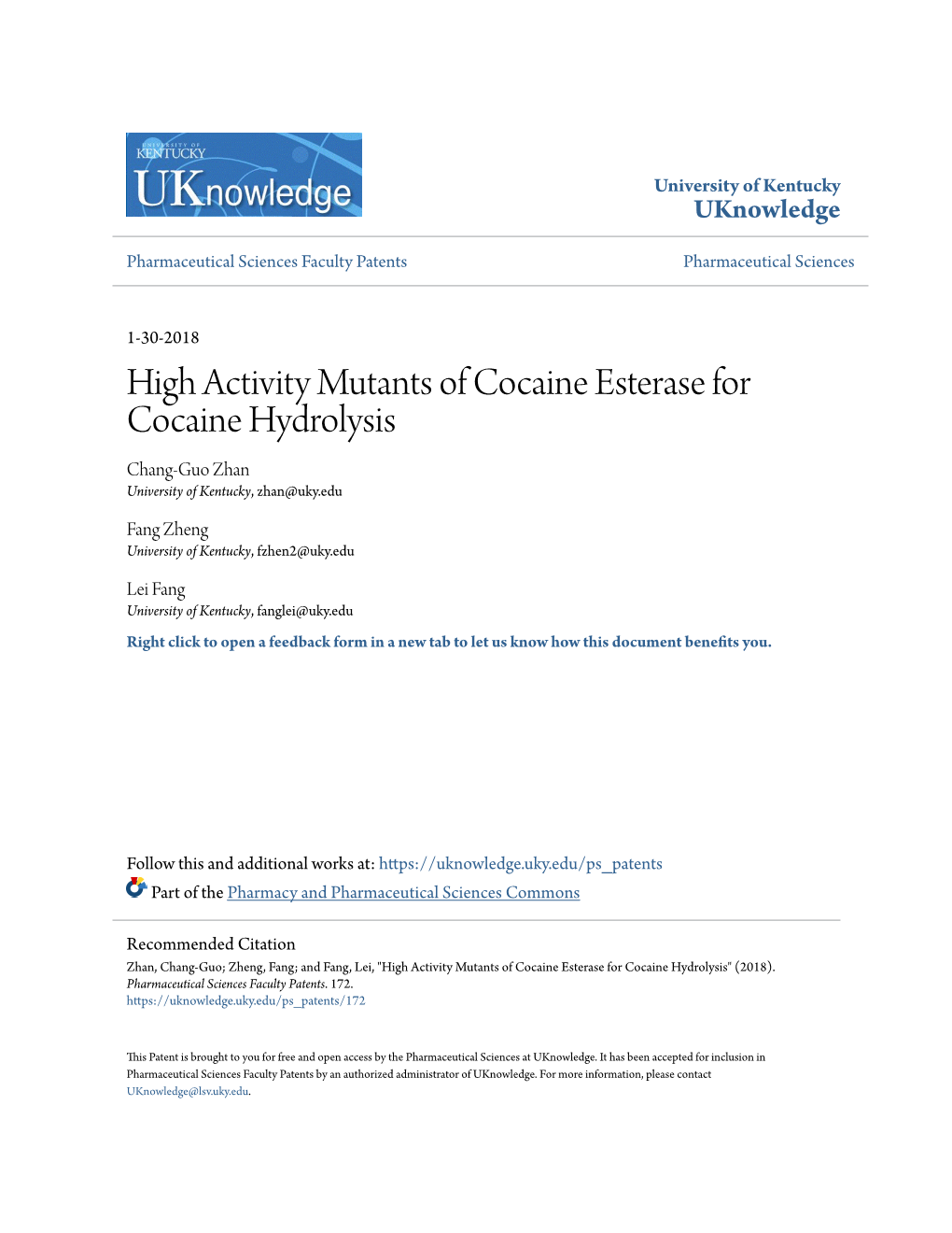 High Activity Mutants of Cocaine Esterase for Cocaine Hydrolysis Chang-Guo Zhan University of Kentucky, Zhan@Uky.Edu