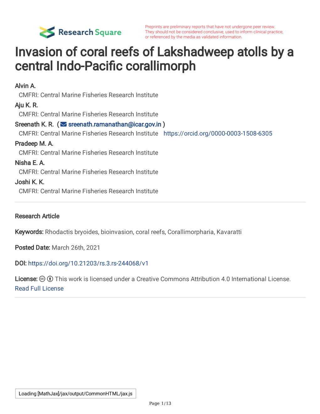 Invasion of Coral Reefs of Lakshadweep Atolls by a Central Indo-Pacifc Corallimorph