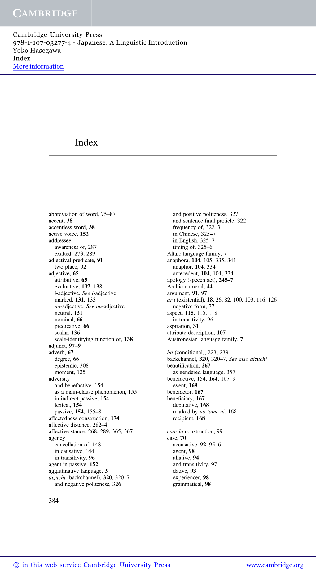 Japanese: a Linguistic Introduction Yoko Hasegawa Index More Information