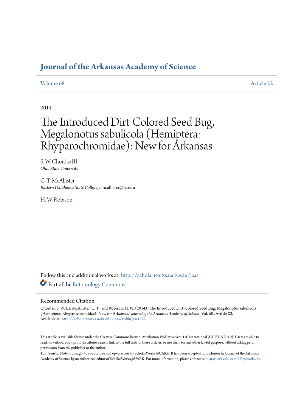 Hemiptera: Rhyparochromidae): New for Arkansas S