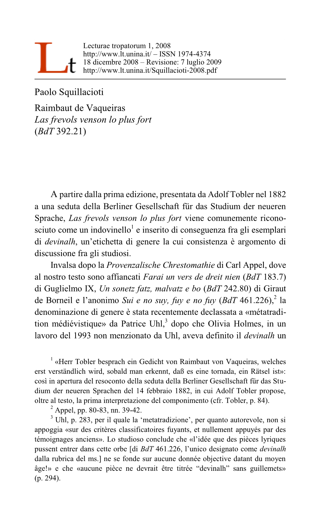 Paolo Squillacioti Raimbaut De Vaqueiras Las Frevols Venson Lo Plus Fort (Bdt 392.21)