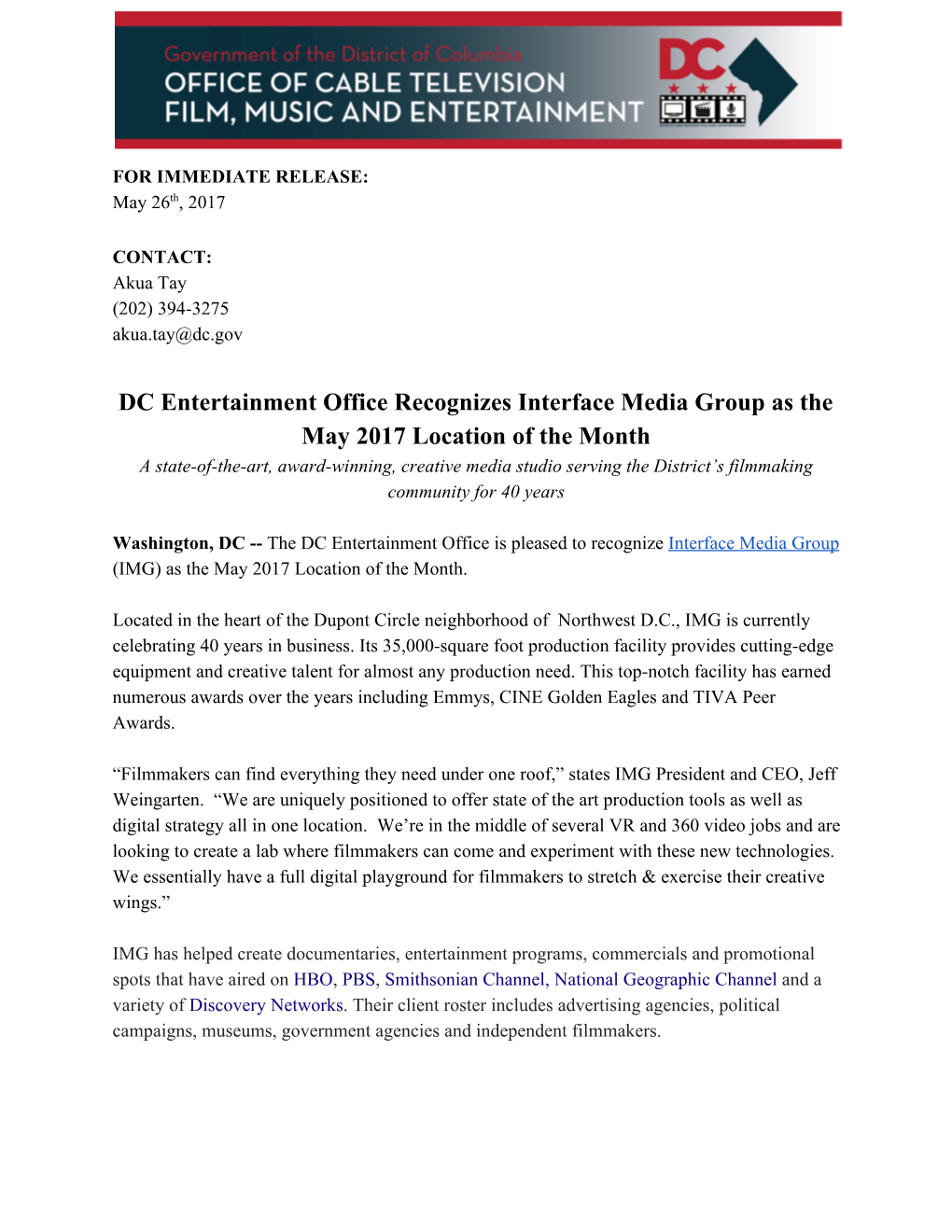 DC Entertainment Office Recognizes Interface Media Group As the May
