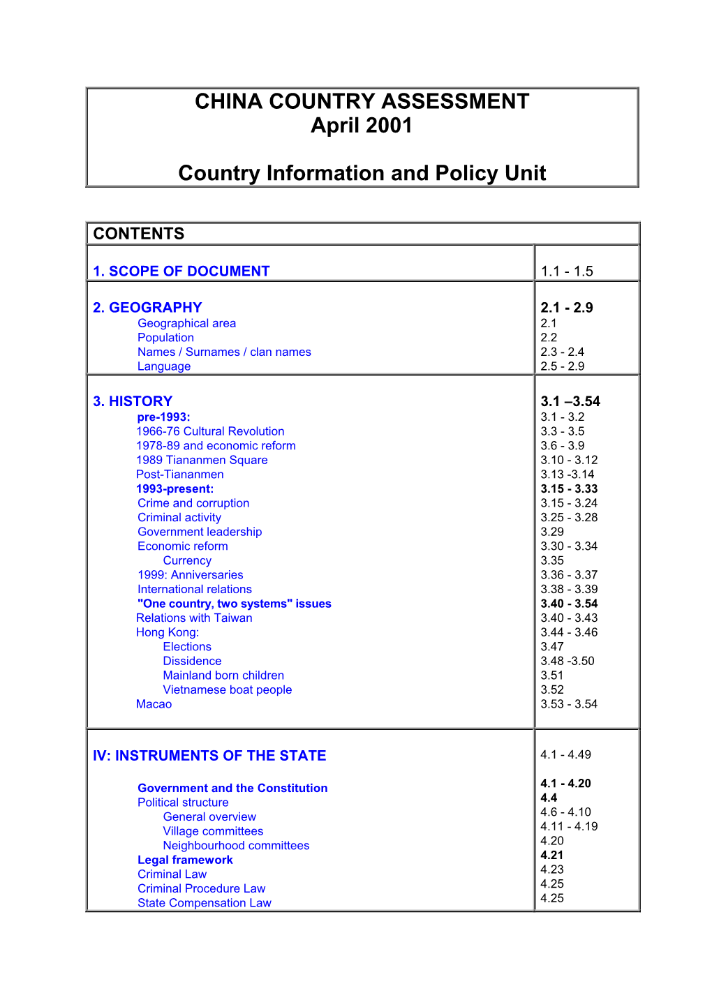 China Assessment April 2001