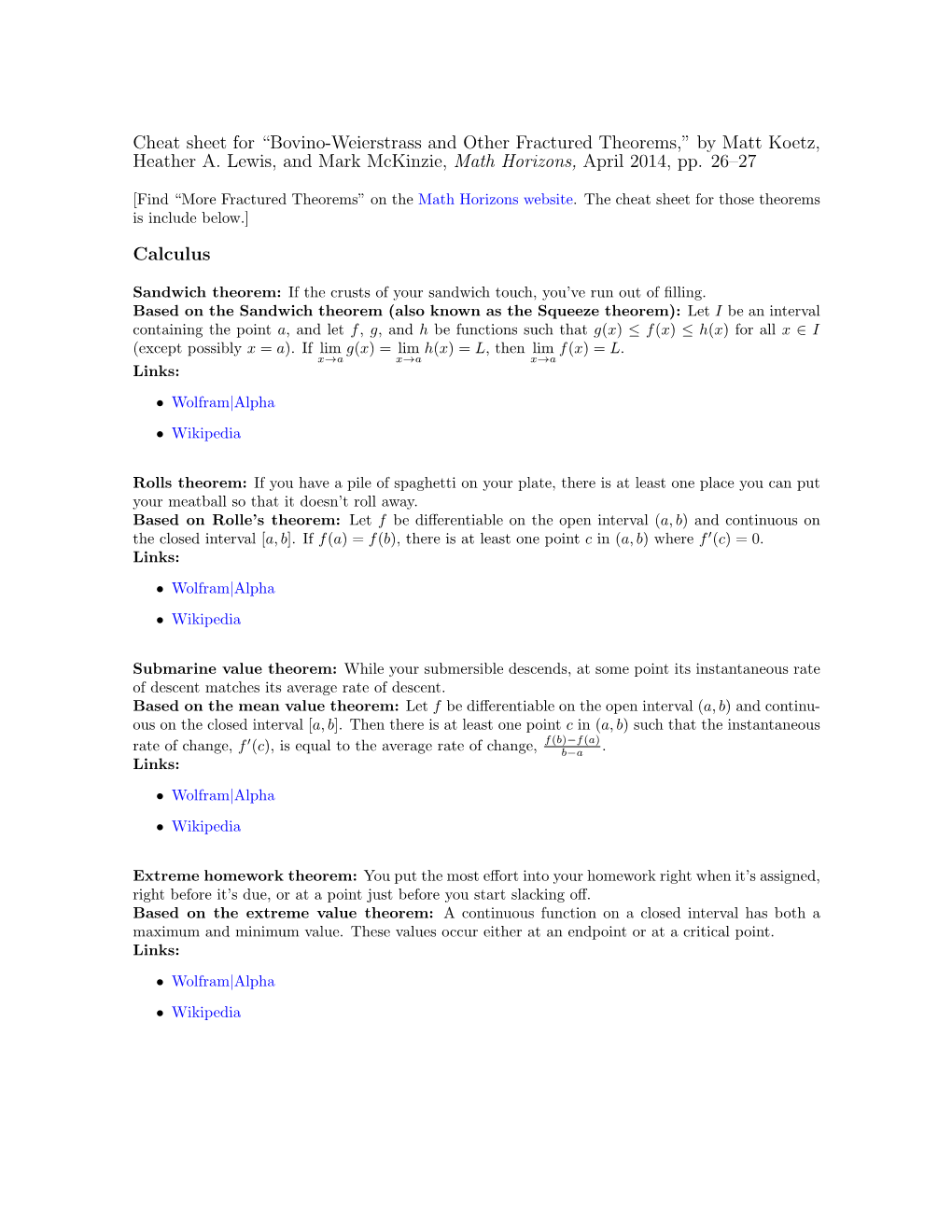 Cheat Sheet for “Bovino-Weierstrass and Other Fractured Theorems,” by Matt Koetz, Heather A