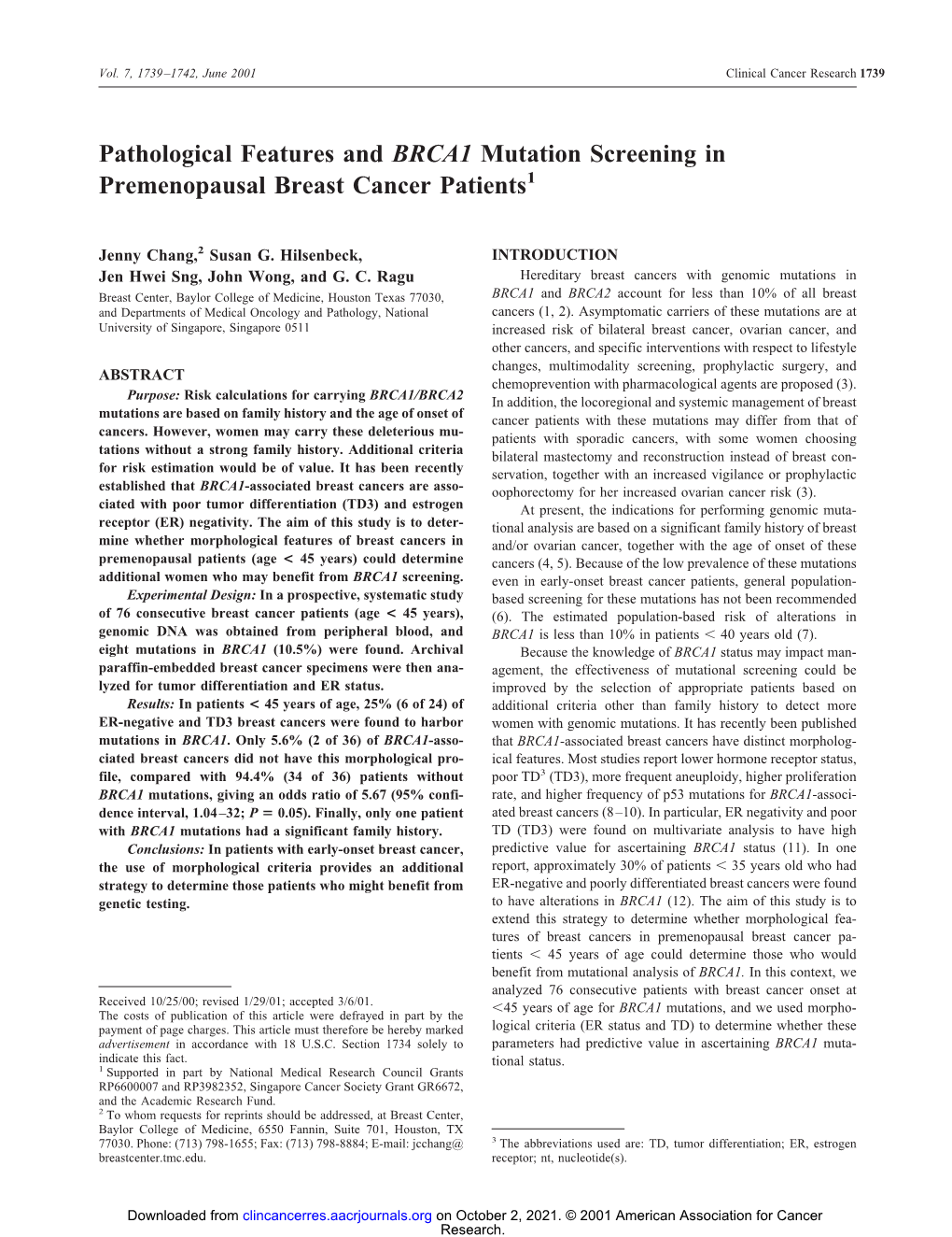 Pathological Features and BRCA1 Mutation Screening in Premenopausal Breast Cancer Patients1