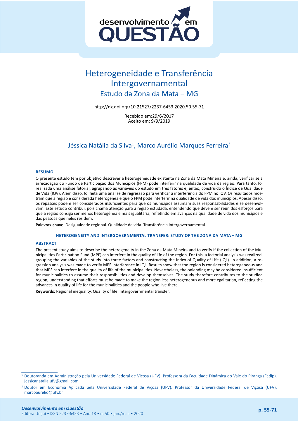 Heterogeneidade E Transferência Intergovernamental Estudo Da Zona Da Mata – MG