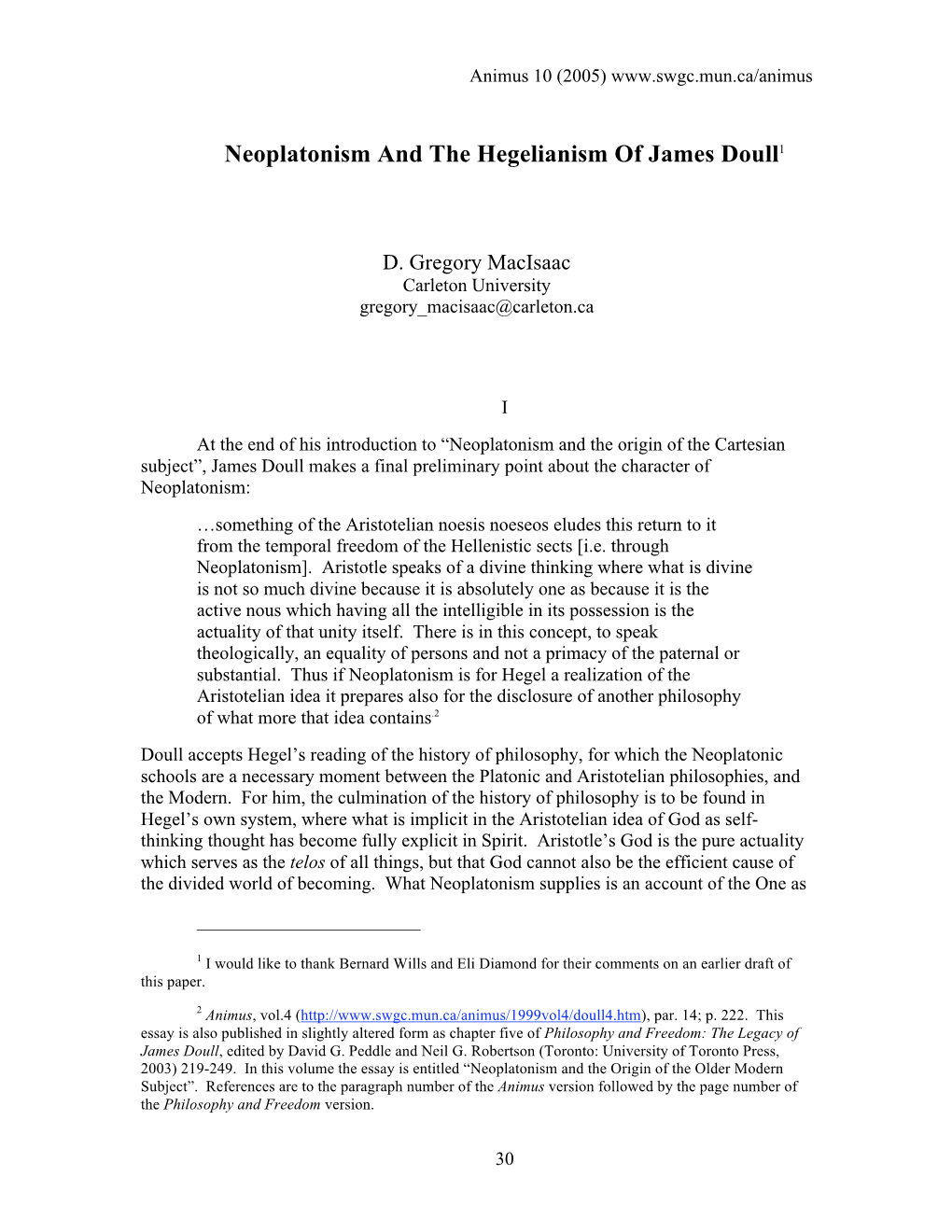 Neoplatonism and the Hegelianism of James Doull1