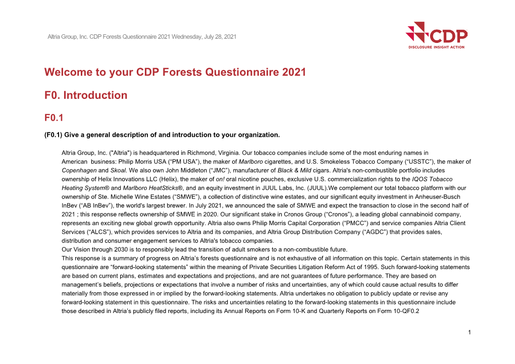 CDP Forests Questionnaire 2020