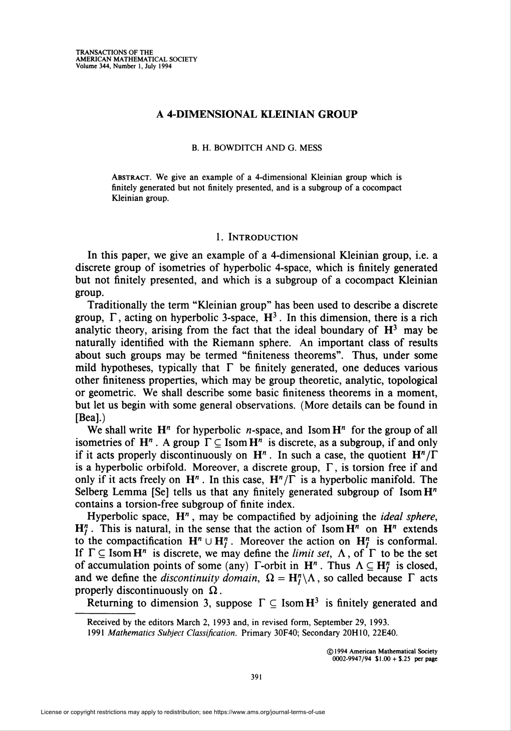 A 4-Dimensional Kleinian Group