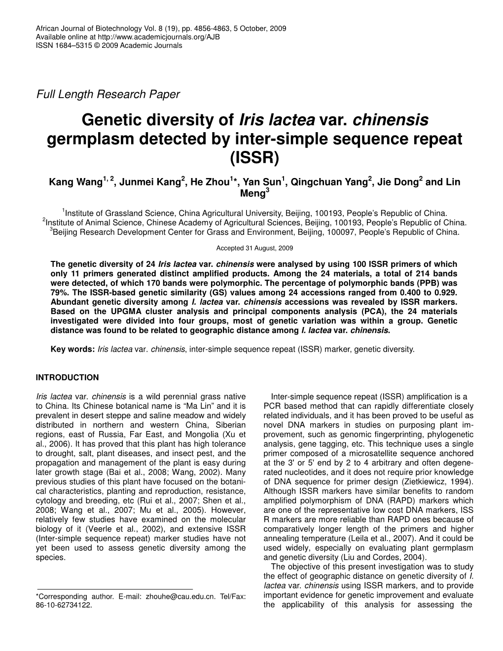 Genetic Diversity of Iris Lactea Var. Chinensis Germplasm Detected by Inter-Simple Sequence Repeat (ISSR)