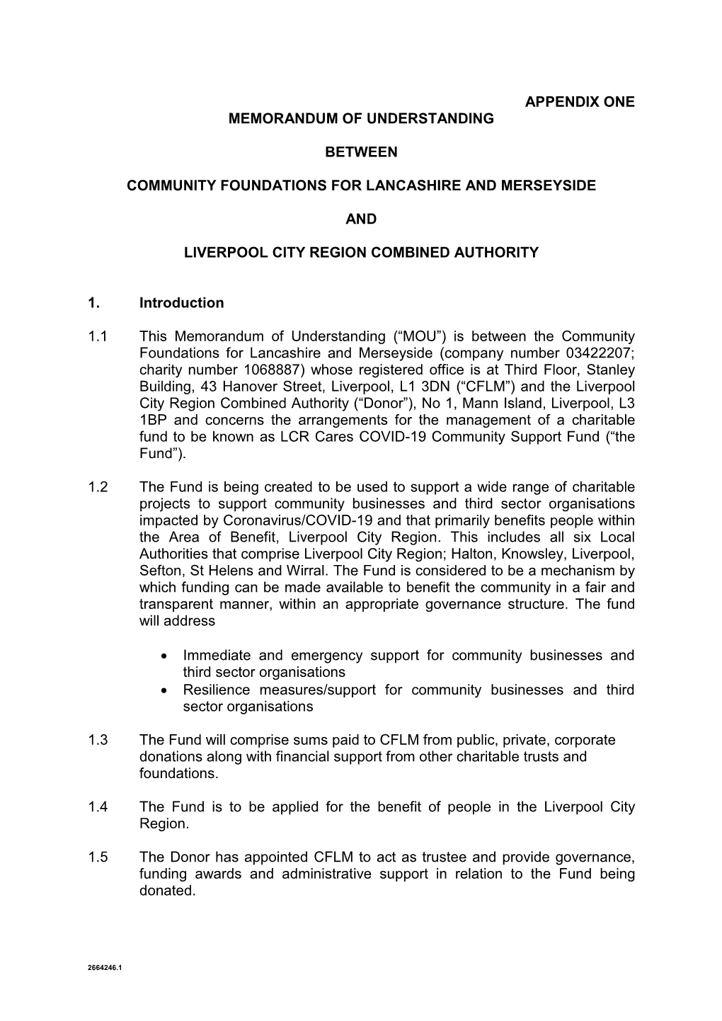 Appendix One Memorandum of Understanding Between