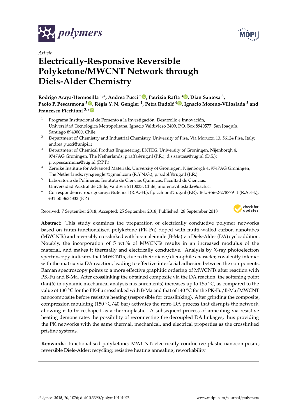 Electrically-Responsive Reversible Polyketone/MWCNT Network Through Diels-Alder Chemistry