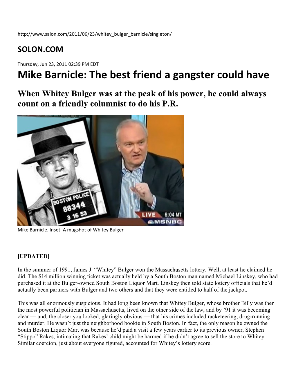 Mike Barnicle: the Best Friend a Gangster Could Have