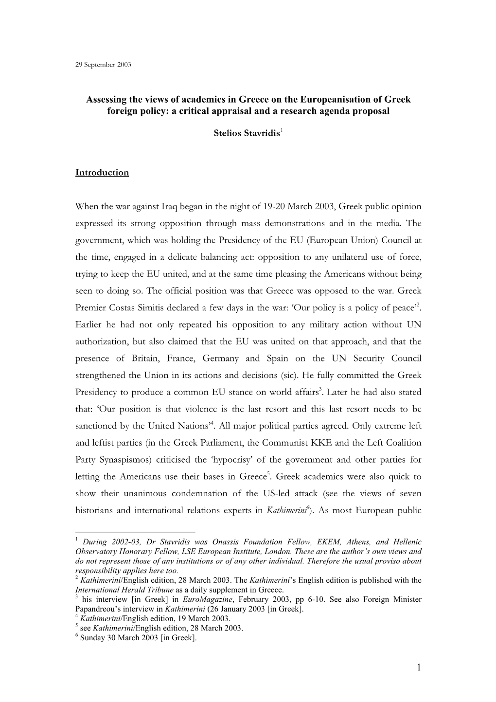 Assessing the Views of Academics in Greece on the Europeanisation of Greek Foreign Policy: a Critical Appraisal and a Research Agenda Proposal