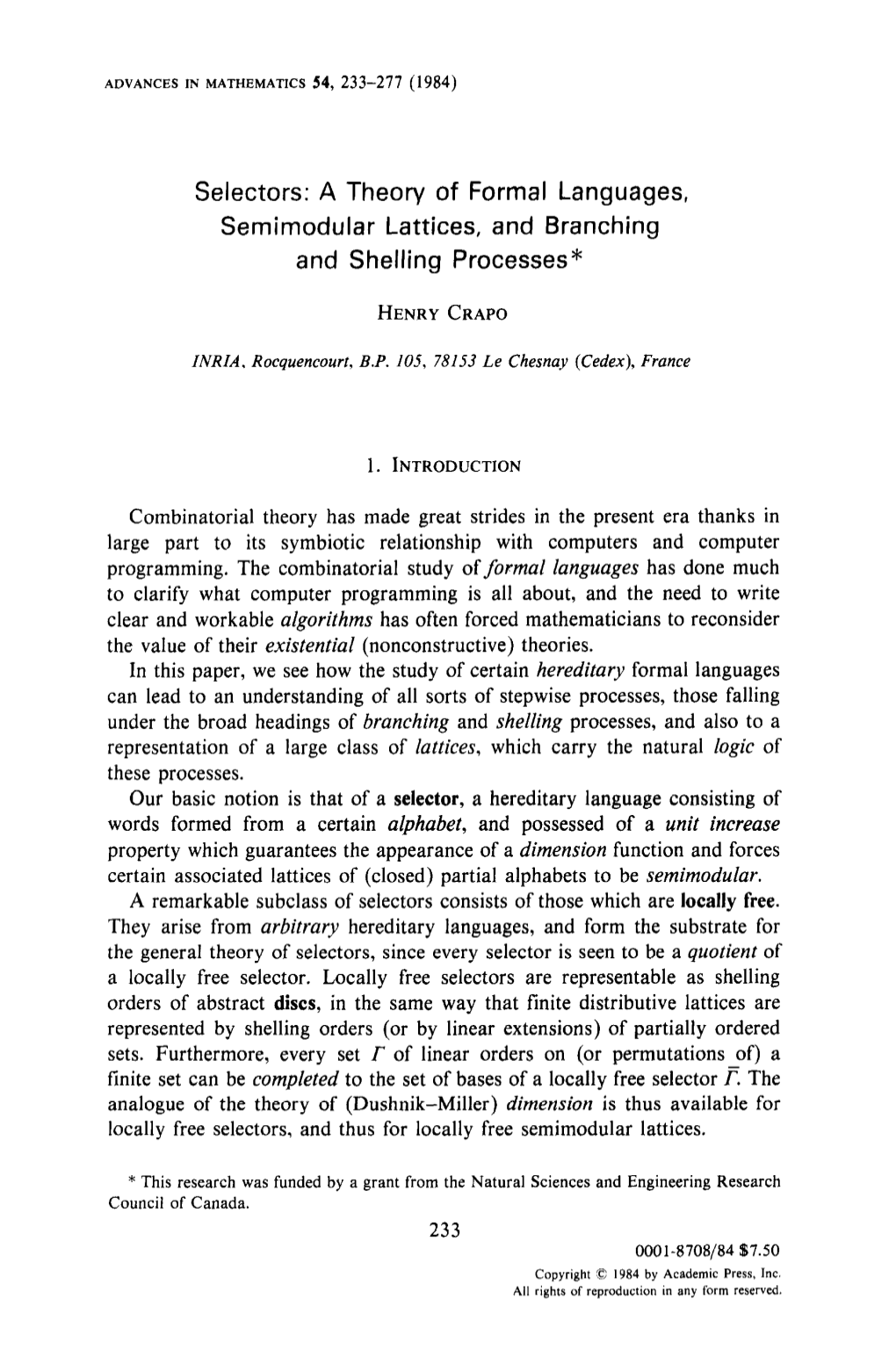 Selectors: a Theory of Formal Languages, Semimodular Lattices, and Branching and Shelling Processes*